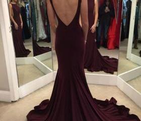 Mermaid Backless Evening Prom Dresses,Long Deep V-neck Party Prom