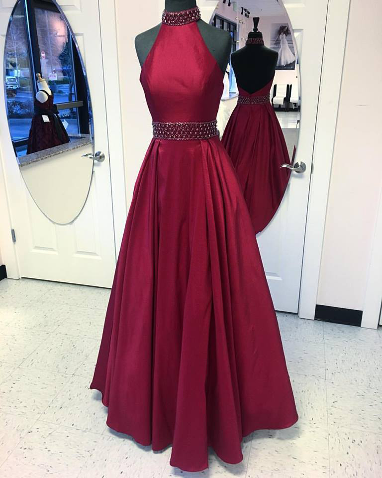 burgundy halter neck prom dress