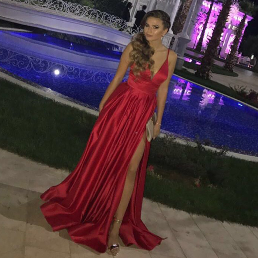 red silky long dress