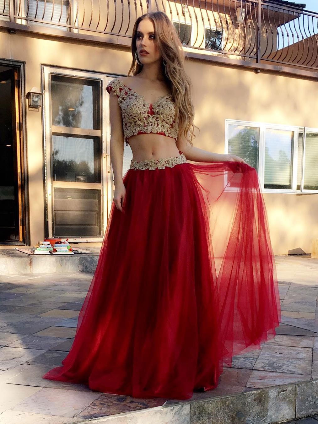 Crop Top Two Pieces Long prom Dress with lace appliques with Long