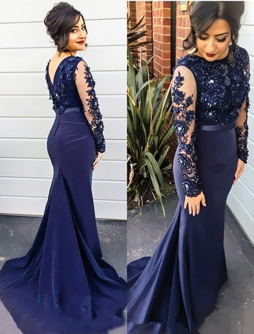 navy blue lace mermaid prom dress