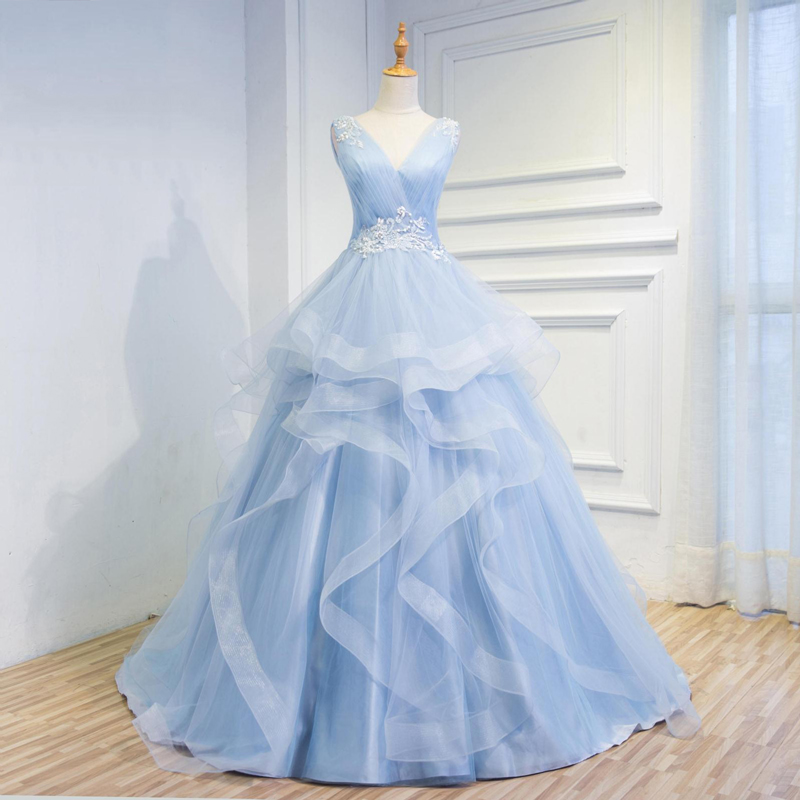 D266 Wedding Dresses Fairy Tale Sky Blue Tulle V Neck Wedding Dresses Appliques Sleeveless Lace Up On Luulla