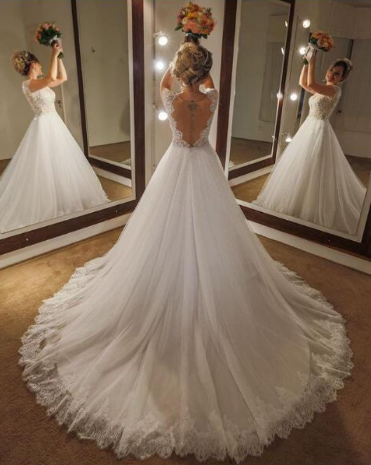 D480 A Line Sexy Wedding Dress Short Sleeves Lace Tulle Long