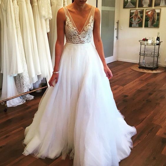 Deep V Neck Spaghetti Strap Wedding Reception Dress