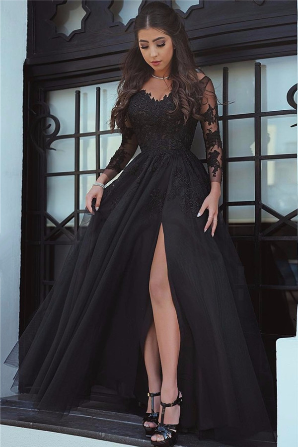 E422 Glamorous Long Sleeve Black Slit Lace Evening Dress Sexy