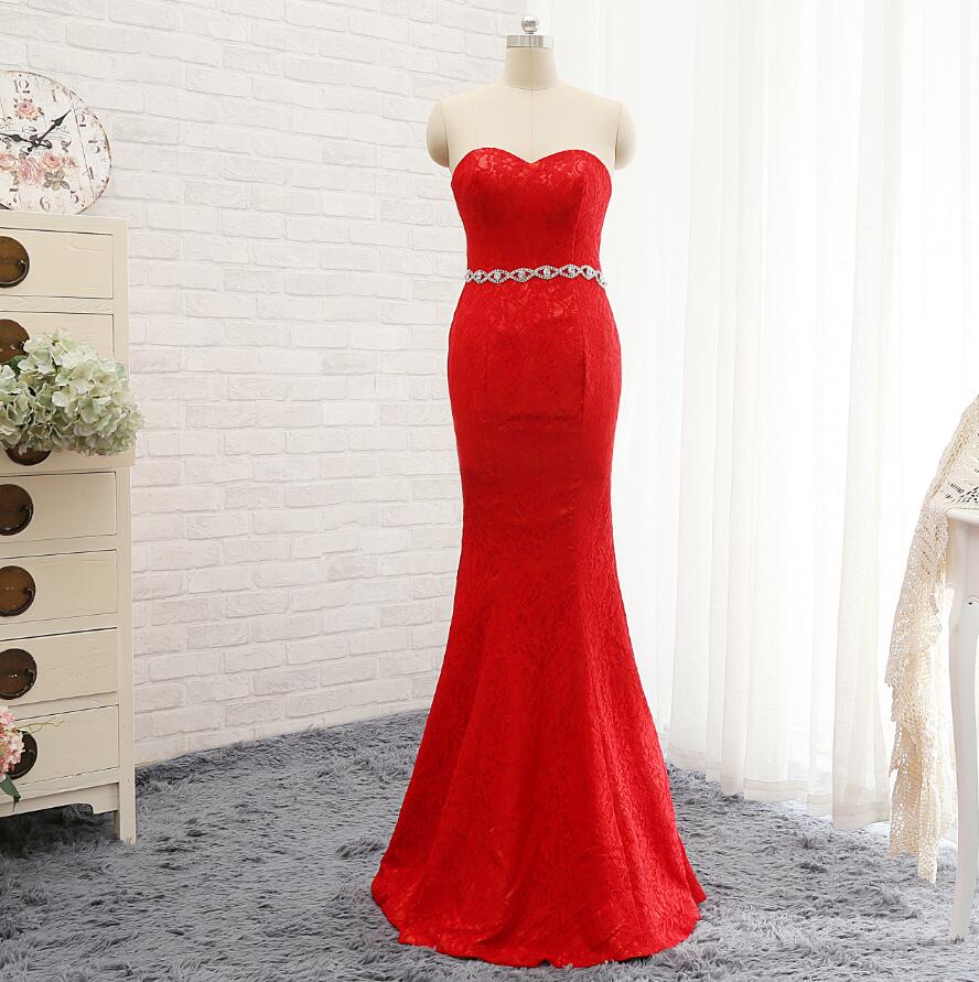 D059 Strapless Sheath Red Lace Prom Dress Long Sheath Red Lace Evening Dress Sexy Sheath Red