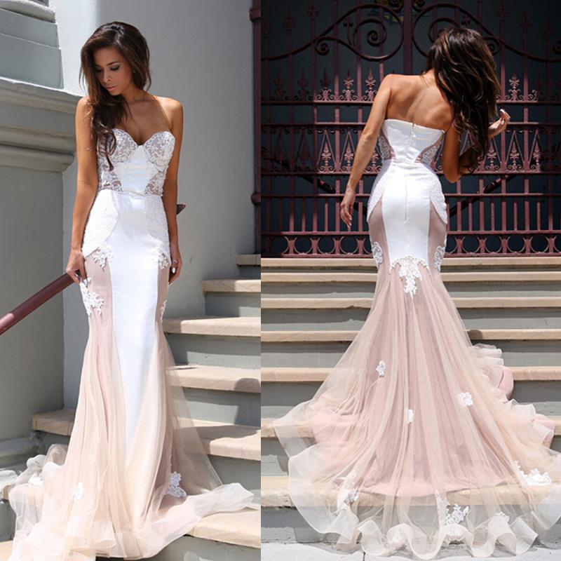 Mermaid Halter Pink and White Lace Backless Prom Dress with Rhinestones LBQ3812 main image 1